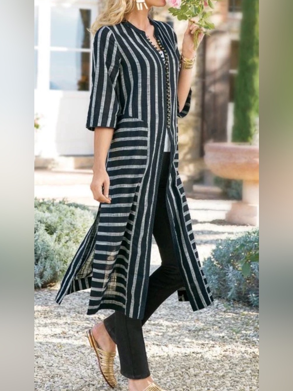 Soft Surroundings M Cotton Striped Kimono Duster Loop Button Pockets Boho Artsy